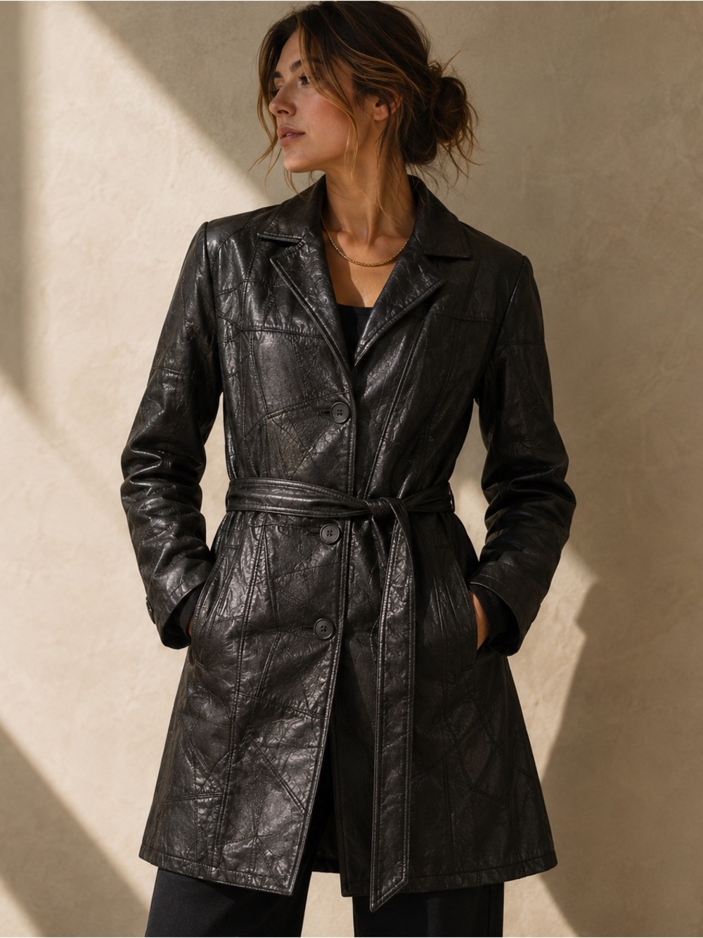 LeWorld Black Leather Trench Coat Small Belted Patchwork Vintage Jacket